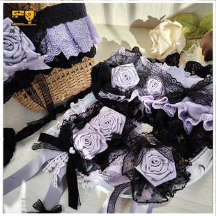珥东手作浪漫蔷薇发带玫瑰花发饰Lolita黑紫色小物发夹包包花丸lo