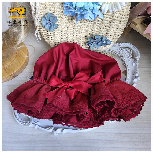 珥东手作Lolita发饰bb帽酒红色doll感头饰蝴蝶结蕾丝优雅小物配饰