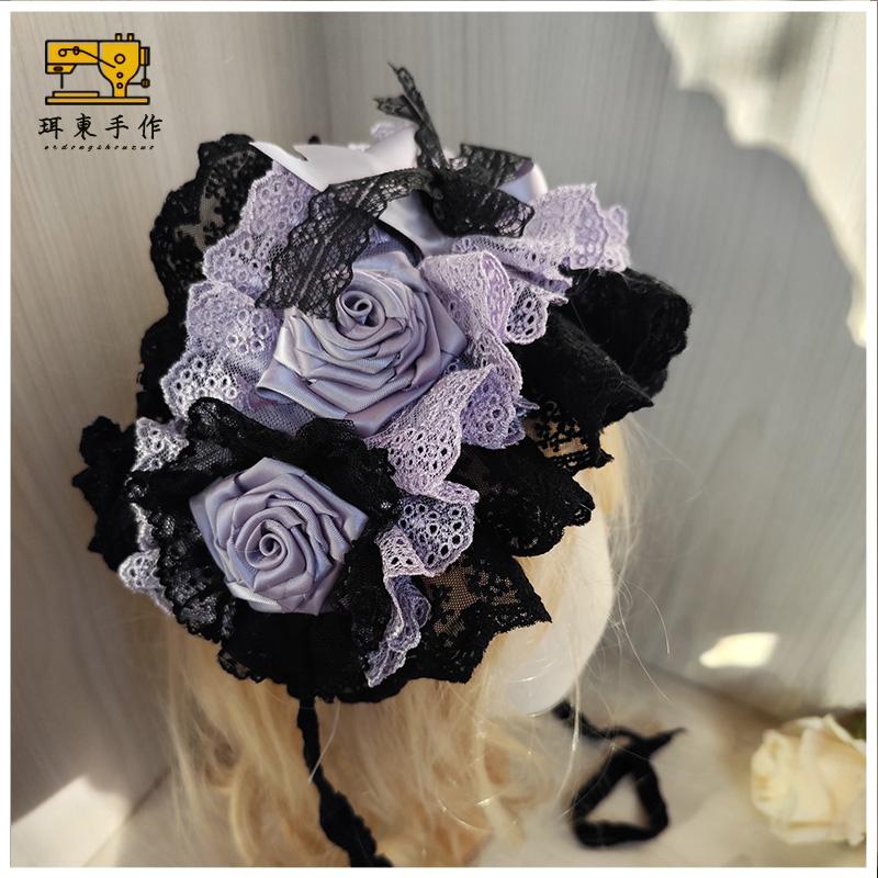 珥东手作蕾丝蝴蝶结洛丽塔配饰浪漫蔷薇黑紫色发带玫瑰花doll感lo