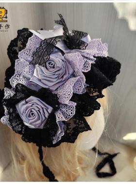 珥东手作蕾丝蝴蝶结洛丽塔配饰浪漫蔷薇黑紫色发带玫瑰花doll感lo