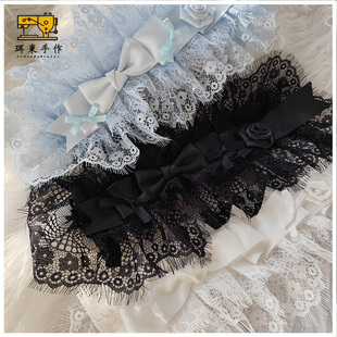 珥东手作仙气百搭Lolita发带浅蓝色黑白花朵头饰lo娘甜美少女夹子