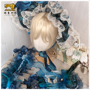 珥东手作Lolita雀之羽孔雀色波奈特小礼帽lo娘华丽头饰蓝绿色夹子