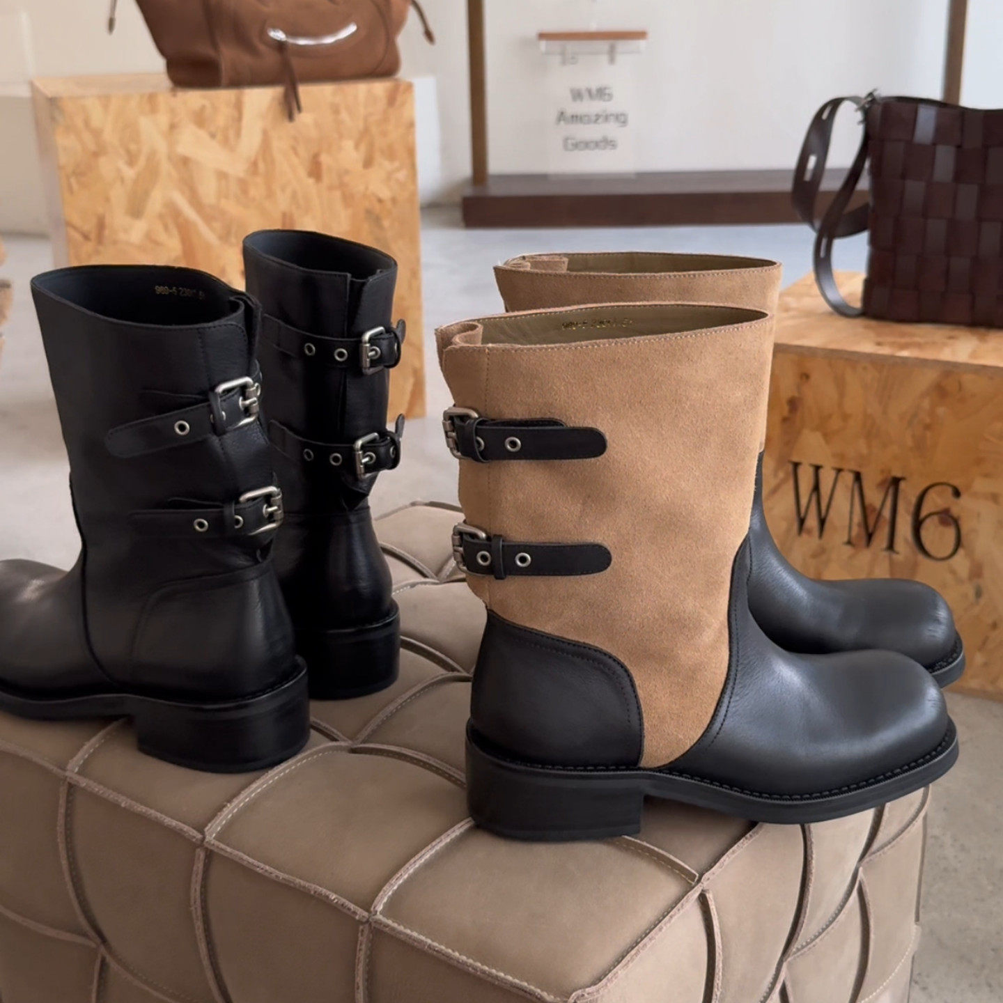WM6欧洲站欧货2025秋季低跟皮带扣套筒女靴真皮时尚中筒靴女鞋潮