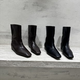 欧洲站欧货2025秋季新款先锋名典真皮内增高时装靴时尚方头短靴女