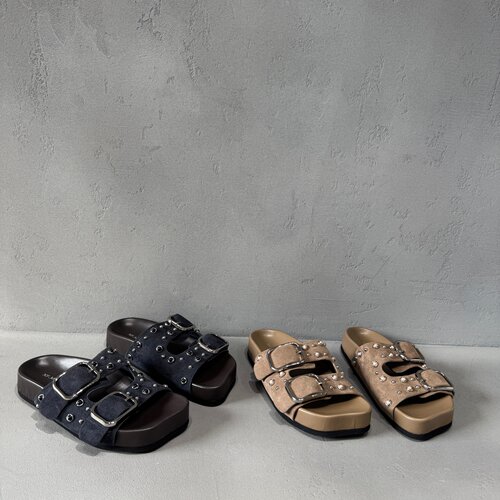 铆钉双皮带扣厚底一字拖外穿凉拖