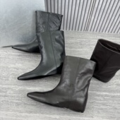 欧货欧洲站2025冬季 靴女 简约方头套筒短靴内增高真皮时装 新款 时尚