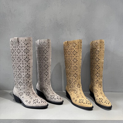 高筒复古镂空高跟骑士靴套筒长靴