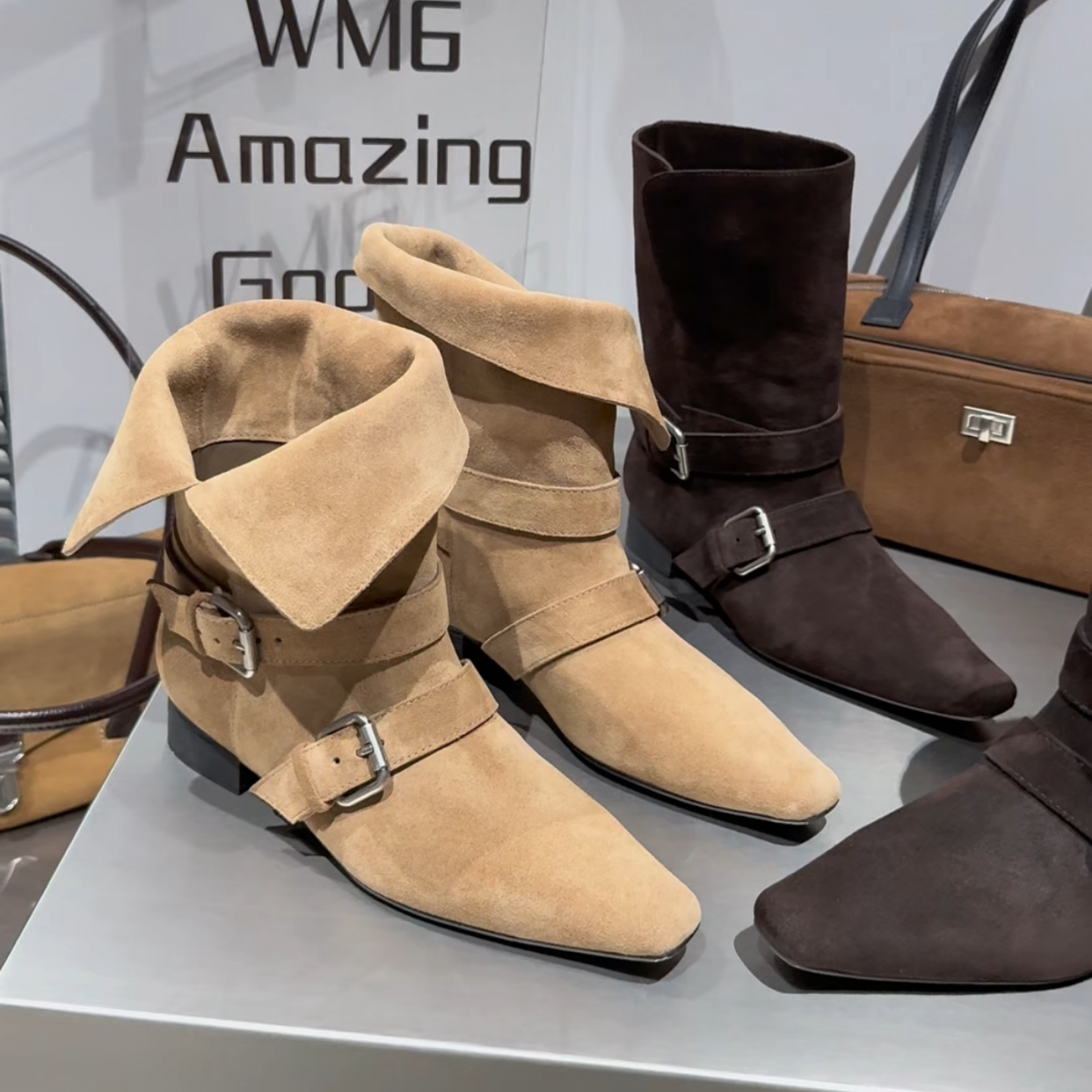 WM6复古套筒方头磨砂皮西部靴女