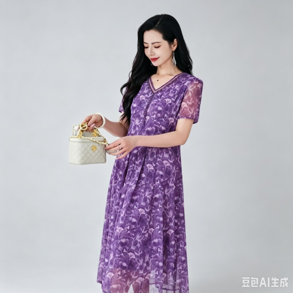 中老年时尚女装轻薄网纱连衣裙短袖夏装2026新款中年时尚印花长裙