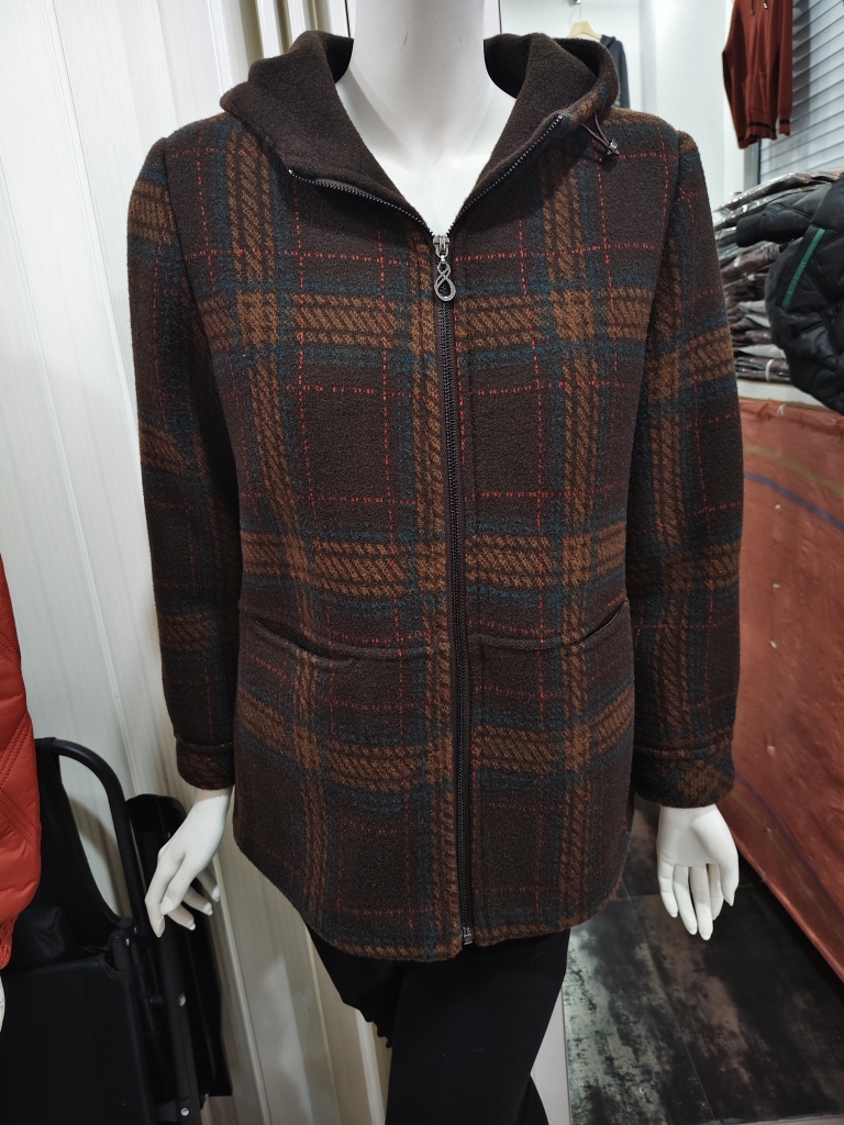 商场专柜女装2025秋冬中老年妈妈装格子夹棉毛呢连帽外套上衣C826