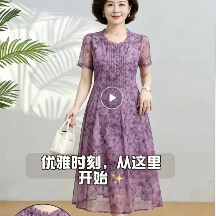 50岁妈妈夏装连衣裙洋气高贵2025新款中年女端庄优雅紫色网纱裙子