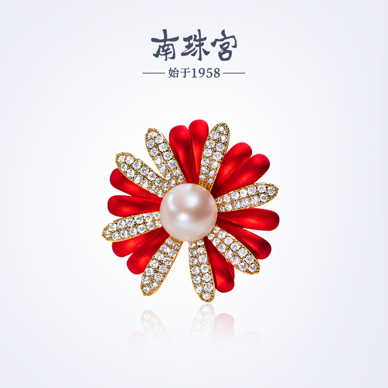 南珠宫鸿运当头淡水珍珠红花胸针简约高级感婚庆节日礼物送礼女