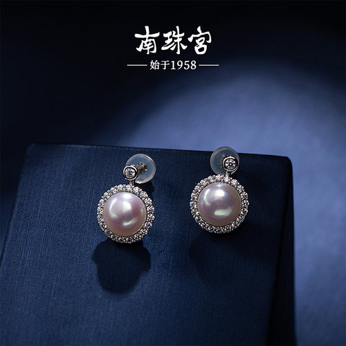 南珠宫925银淡水珍珠耳环馒头强光微瑕送女友生日礼物C-E041SD-Y