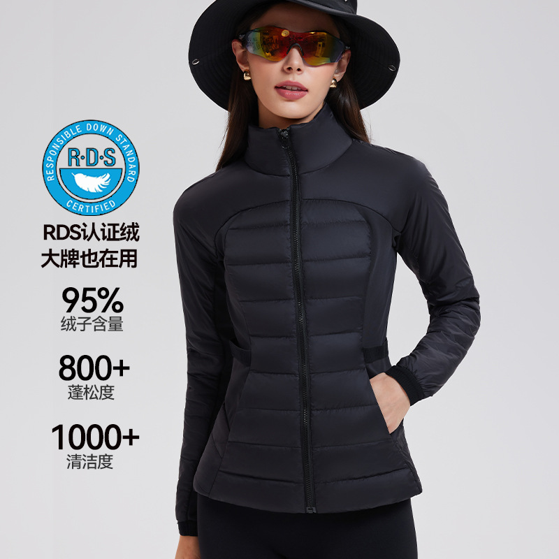 运动羽绒服女修身显瘦立领三防秋冬保暖中长款健身down forit外套