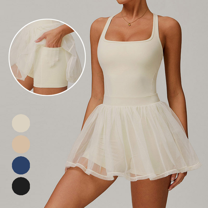 防走光假两件环保再生运动连衣裙女网纱透气速干健身网球裙有口袋