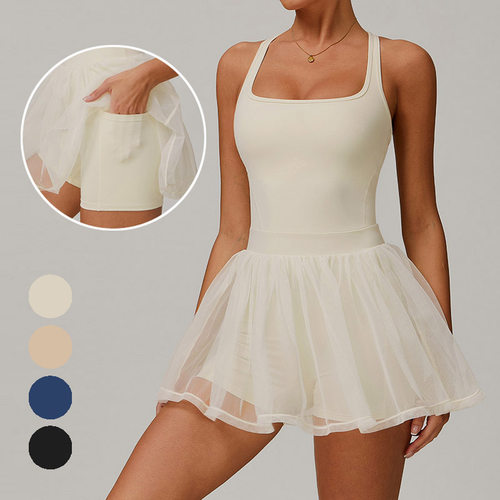 防走光假两件环保再生运动连衣裙女网纱透气速干健身网球裙有口袋