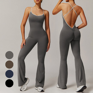 舞蹈运动健身喇叭连体衣 欧美云感交叉美背瑜伽连体服女撞色微喇裤