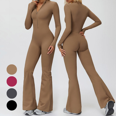 薄绒秋冬保暖瑜伽连体服女一体式加绒立领连体衣微喇裤紧身健身服