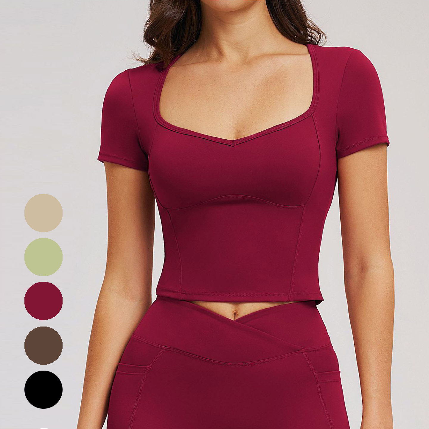 有胸垫 裸感瑜伽T恤女短袖大领口紧身运动普拉提跑步健身上衣打底,运动/瑜伽/健身/球迷用品,瑜伽套装,淘宝优惠券,粉丝福利购,淘宝优惠卷