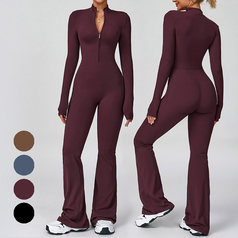 无胸垫 云感拉链一体式瑜伽服女健身长袖运动连体服阔腿裤紧身衣