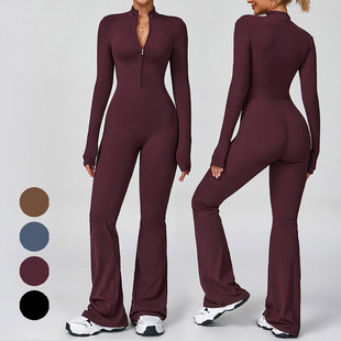 无胸垫 云感拉链一体式瑜伽服女健身长袖运动连体服阔腿裤紧身衣