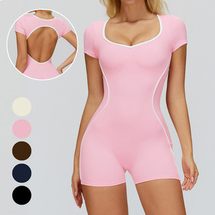 有胸垫 撞色裸感瑜伽连体衣女镂空美背运动一体式健身服连体短裤