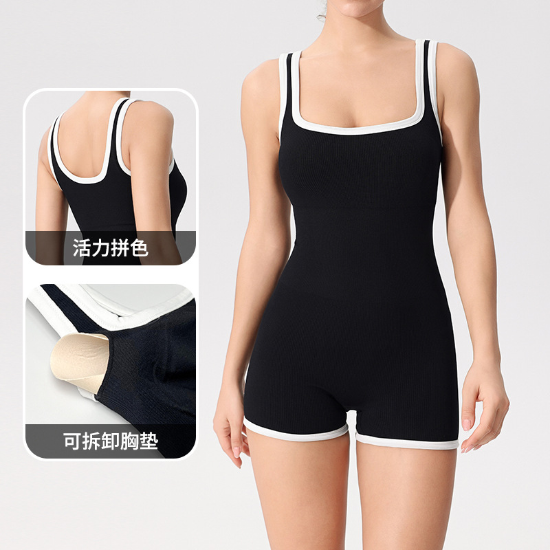 欧美撞色连体健身服女美背一体式运动舞蹈运动带胸垫空中瑜伽服