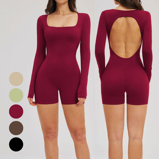 欧美裸感瑜伽连体衣女大露背紧身一体式健身服舞蹈普拉提连体短裤