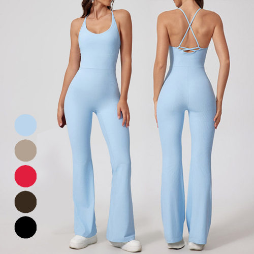 欧美裸感螺纹瑜伽连体服女美背紧身一体式运动服健身连体衣微喇裤