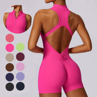 有胸垫裸感健身连体服女运动美背一体式拉链速干紧身一体式瑜伽服