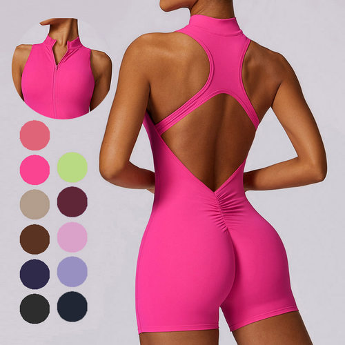 有胸垫裸感健身连体服女运动美背一体式拉链速干紧身一体式瑜伽服