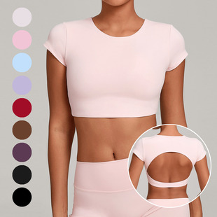 无胸垫 健身服 欧美露背瑜伽T恤女跑步舞蹈运动上衣双层车缝短袖