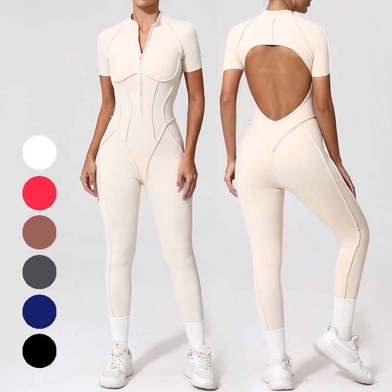 有胸垫立体拼接瑜伽连体服女速干拉链短袖运动一体式健身服连体衣
