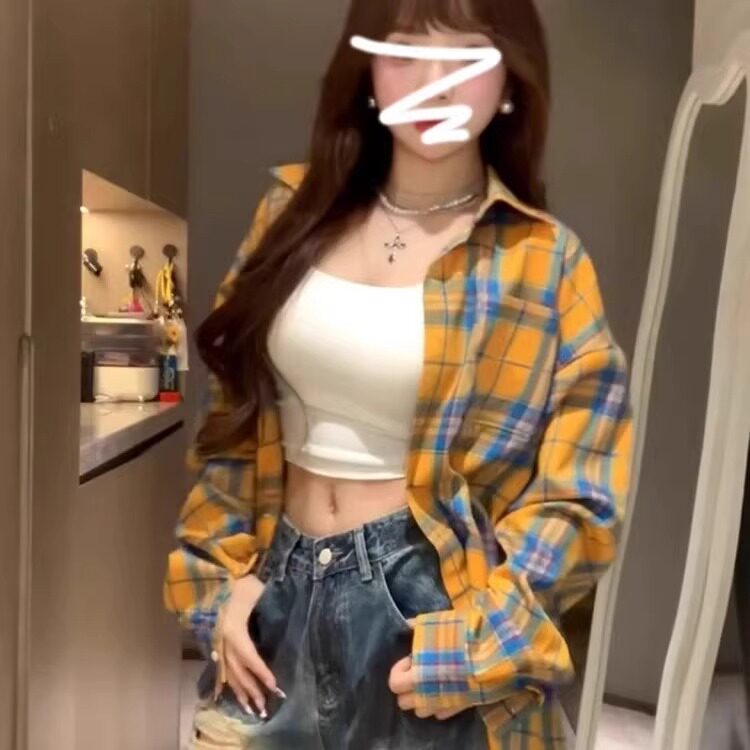 黄色格子长袖衬衫女上衣