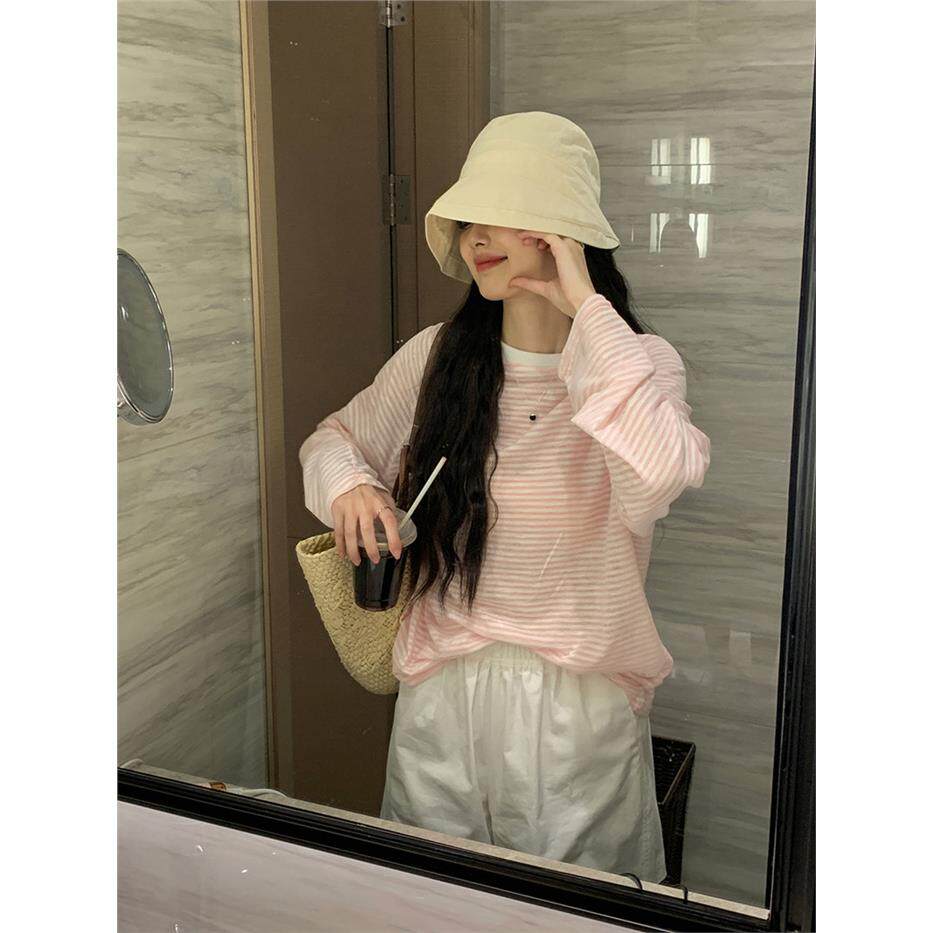 防晒长袖条纹t恤女夏宽松外穿薄款空调罩衫慵懒风设计感圆领上衣