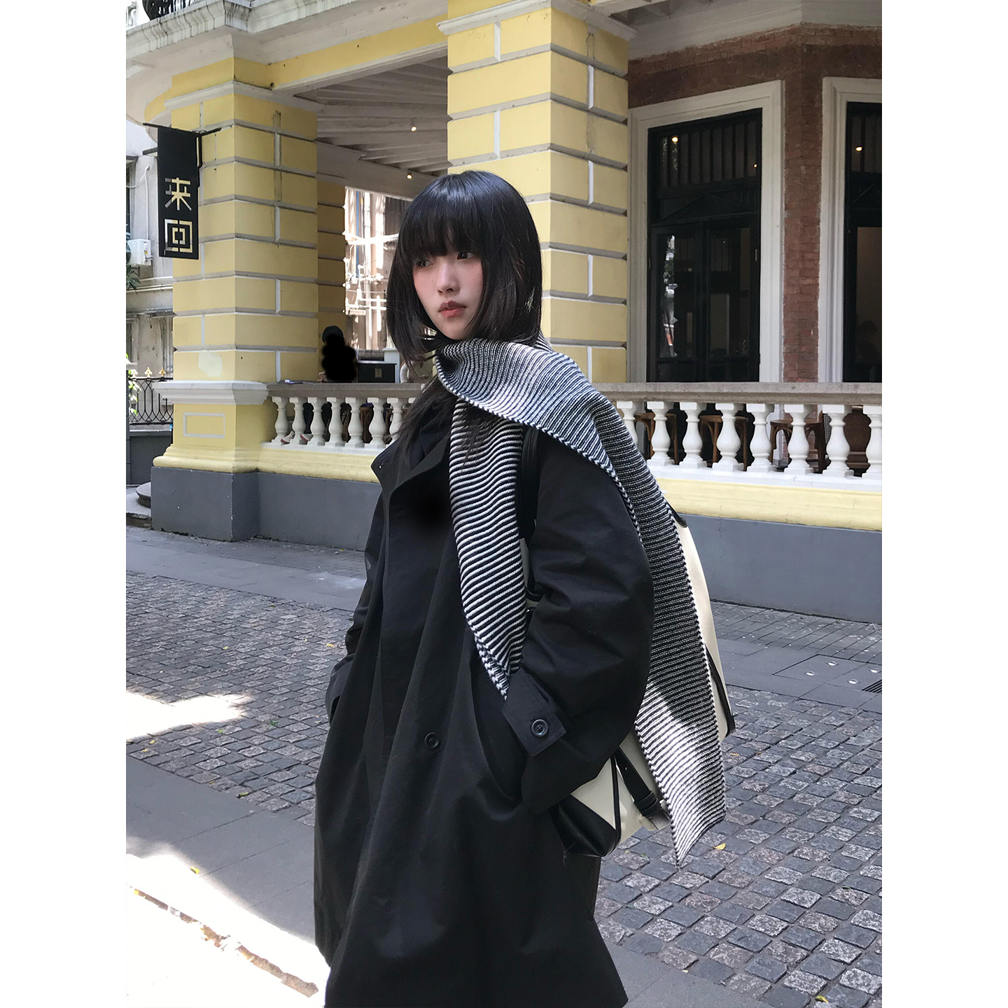 秋冬季经典复古黑色条纹针织围巾女韩版时尚百搭保暖护颈毛线围脖