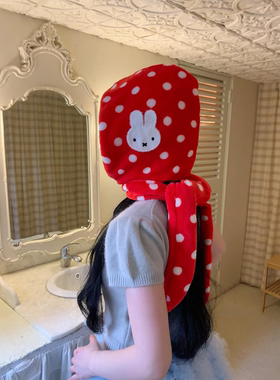 红色波点兔子巴拉克拉法帽女秋冬保暖帽子围巾一体学生百搭雷锋帽