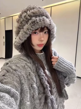 兔毛混纺帽子女秋冬季手工加厚保暖毛线帽防寒灰色毛毛护耳包头帽