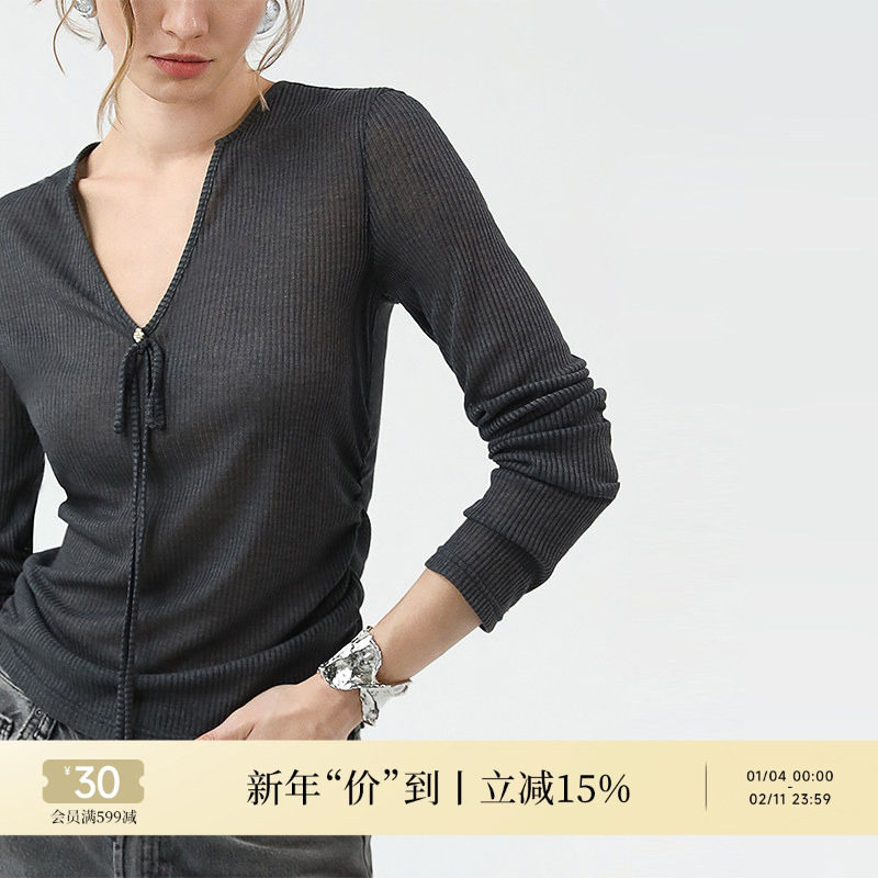 COCOBELLA亲肤微透视抽褶针织衫早秋飘带装饰V领打底衫MZ3191