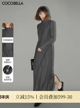COCOBELLA赫本风压褶连衣裙女半高领抽绳长袖优雅显瘦长裙FR3015