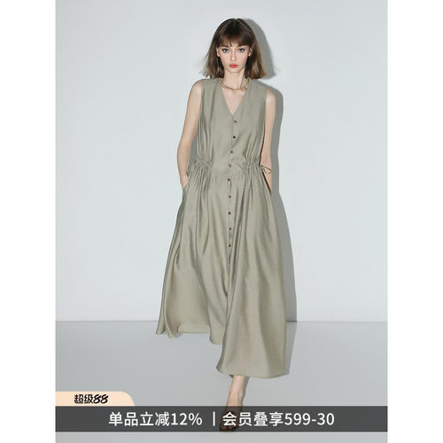 COCOBELLA静奢风V领无袖连衣裙女夏玉石扣气质背心裙长裙FR7008-3