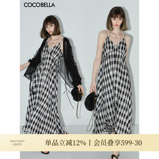 COCOBELLA垂坠黑白格子吊带长裙飘逸大摆海边度假连衣裙FR105