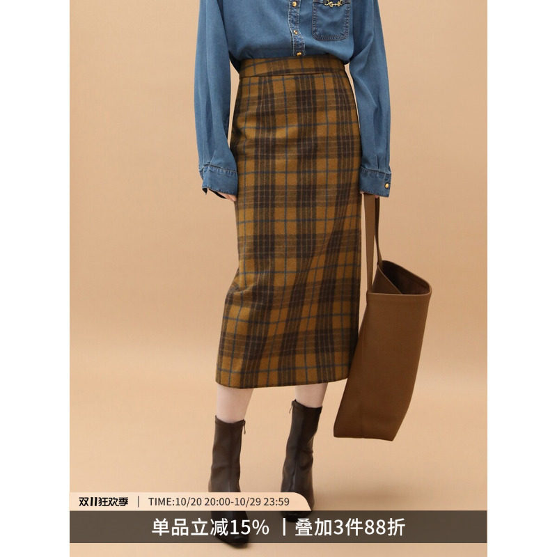 COCOBELLA奥莱【美拉德穿搭】气质格纹毛呢半身裙女秋冬直筒长裙