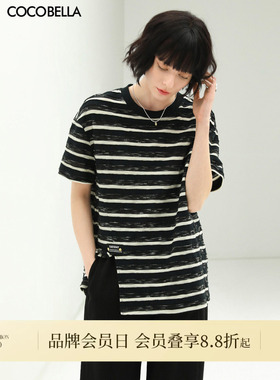 COCOBELLA立体段彩黑白条纹短袖T恤女夏侧开叉圆领半袖TS99B