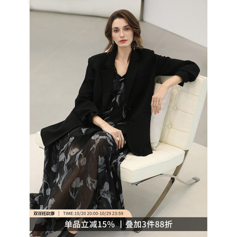 COCOBELLA奥莱高智感黑色廓形休闲西装26新款通勤显瘦西服外套