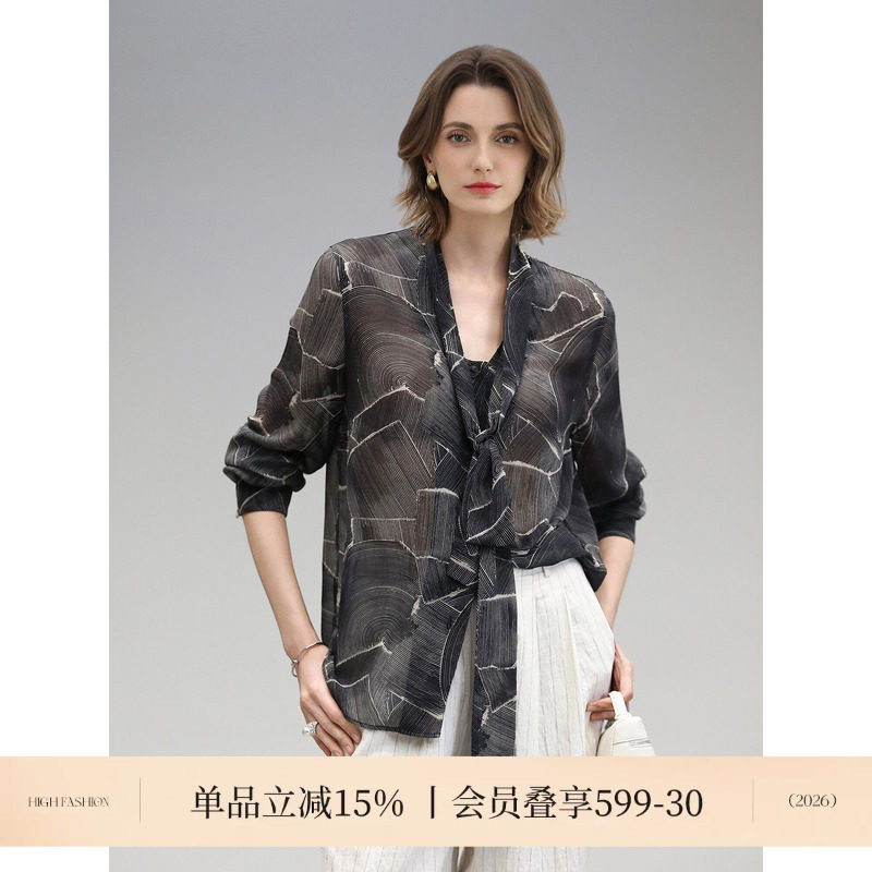 COCOBELLA奥莱艺术印花飘带雪纺衬衫女26秋仿真丝通勤长袖上衣图片