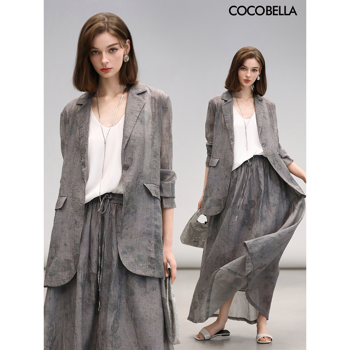 COCOBELLA新中式水墨晕染莱赛尔西装女炒色压褶老钱风外套SI3021