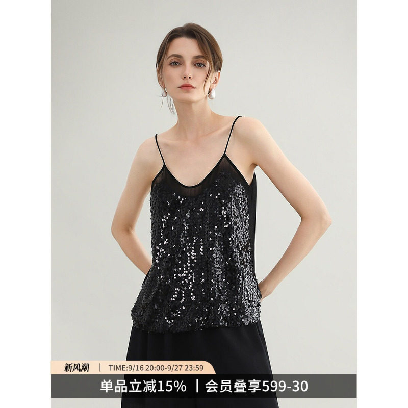 COCOBELLA奥莱重工亮片绣吊带背心女微性感V领显瘦内搭外穿上衣图片