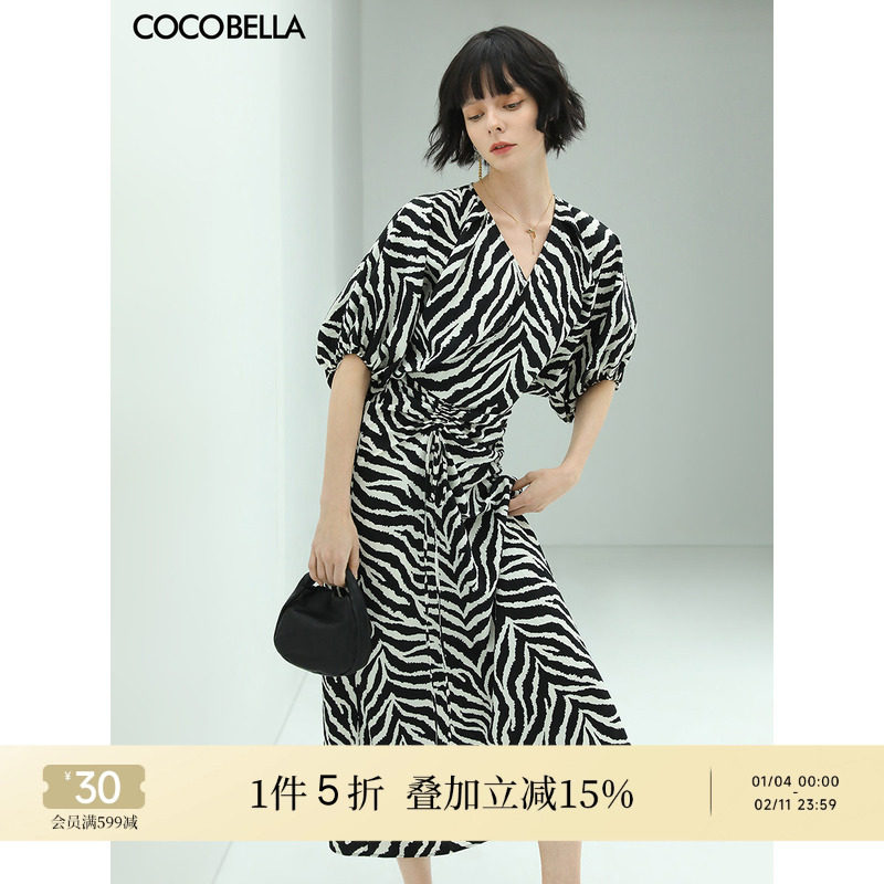 [断码清仓]COCOBELLA设计感抽褶斑马纹连衣裙女气质V领长裙FR911,女装/女士精品,连衣裙,淘宝优惠券,粉丝福利购,淘宝优惠卷
