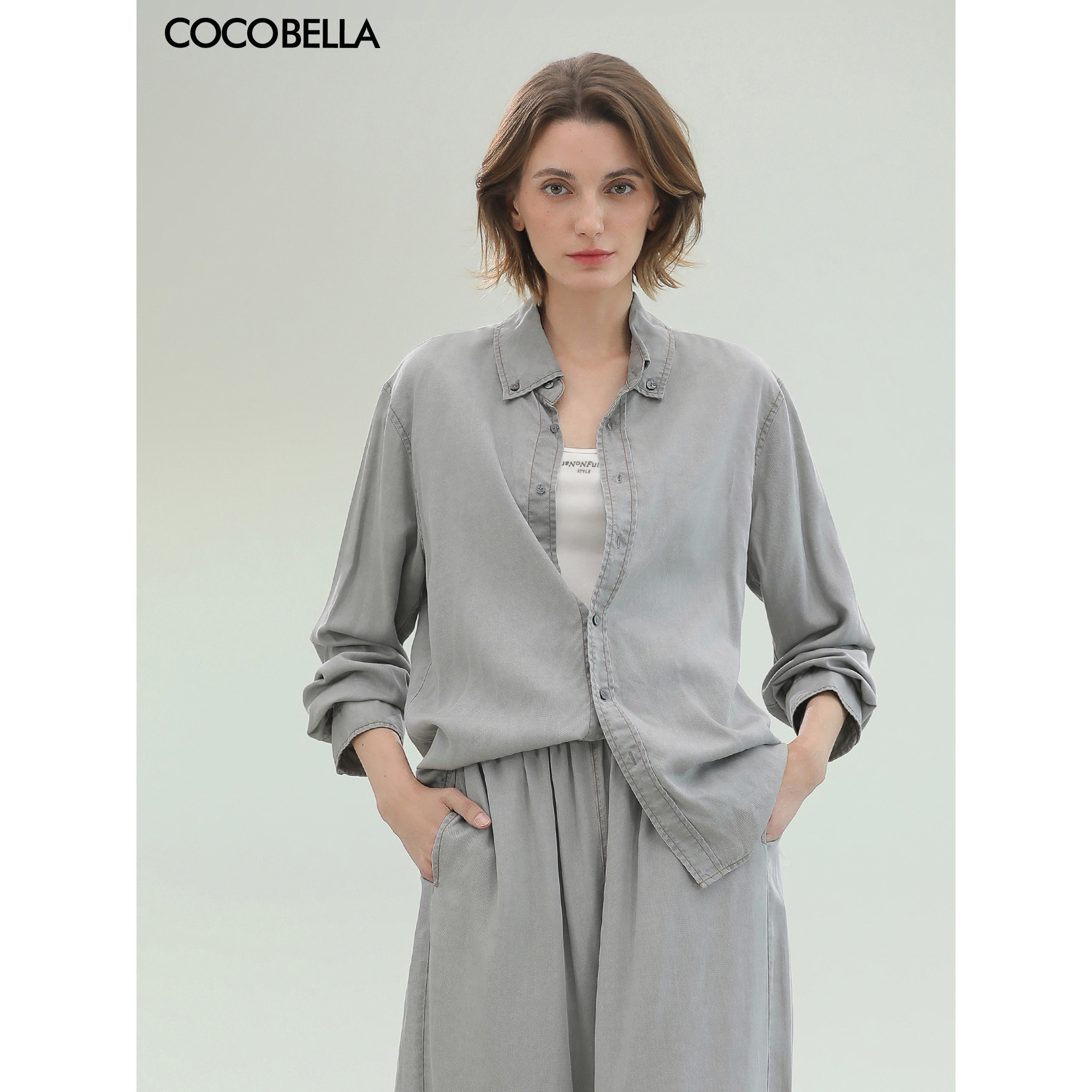COCOBELLA[100%莱赛尔]复古水洗牛仔衬衫女春浅色休闲衬衣DN0051